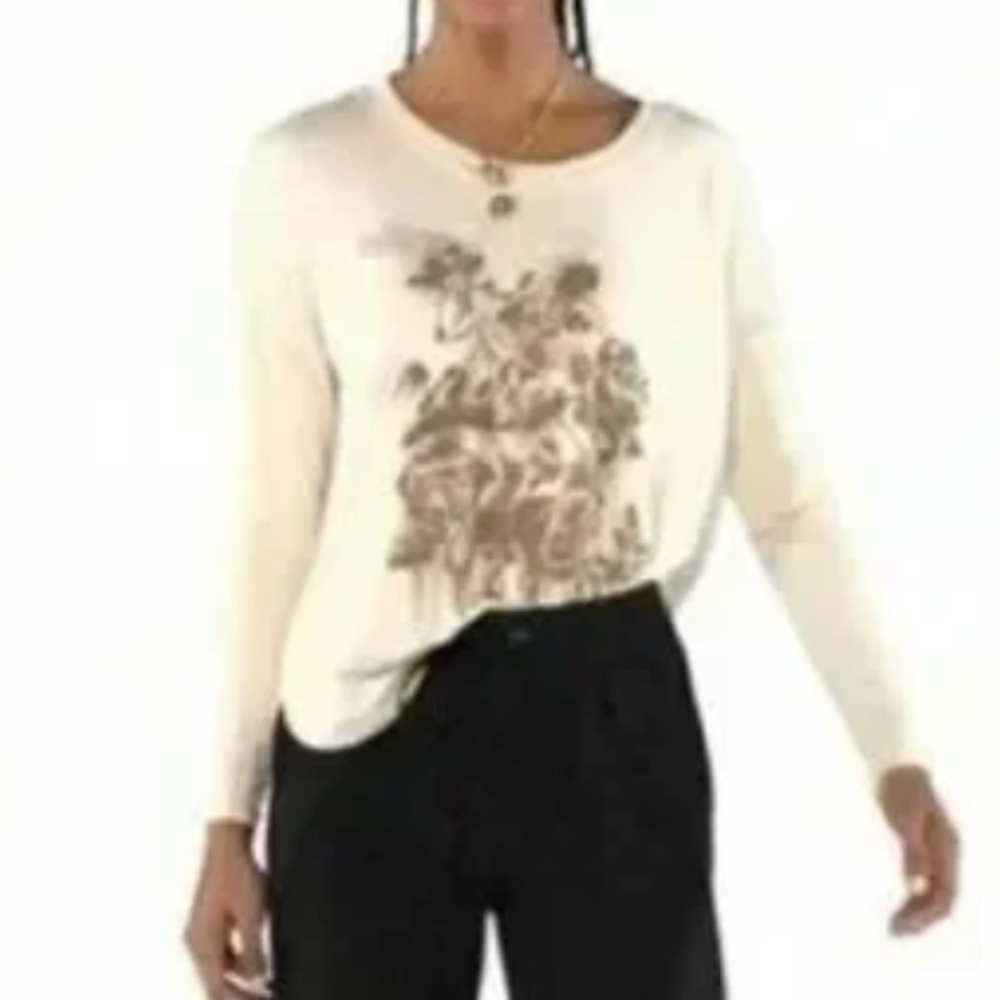 Cabi 4365 Cream Airbrush Long Sleeve Relaxed Loose Fit Tee Women's Size Medium